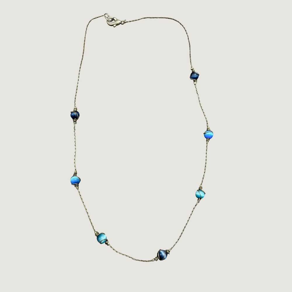 Beaded Station Necklace Womens 17in‎ Blue Cats Eye Wire Wrapped Boho